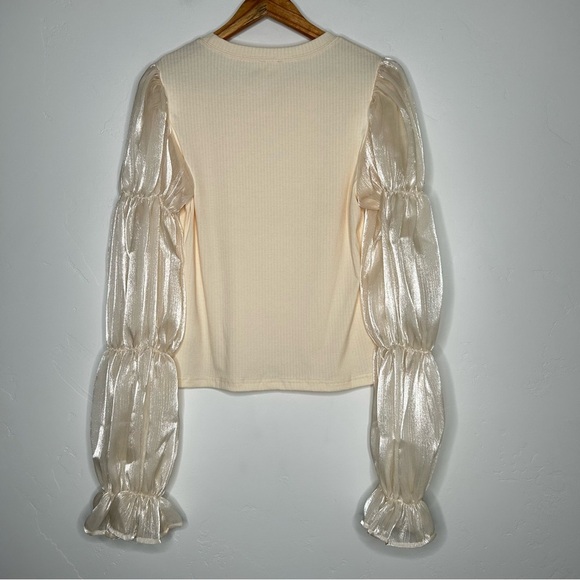 Peony Pastels Cream Ribbed Blouse with Sheer Puff Sleeves Size Large Holiday - Picture 2 of 11